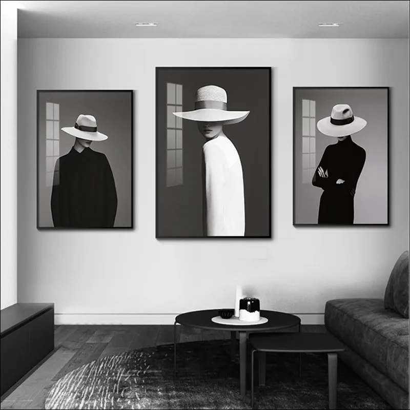 

Pos-Modern Black and White Figure Painting Canvas Painting Nordic Decorative Wall Waterproof Woman Hat Man Poster Printing