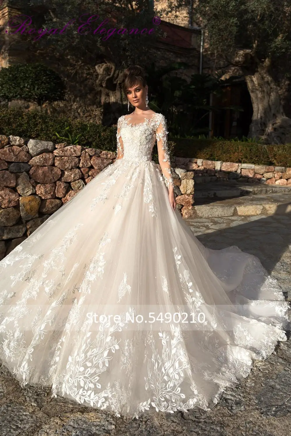 

Royal Elegance Customs Made Long Sleeve Ball Gown Lace Appliques bride dress gelinlik wedding dress 2020