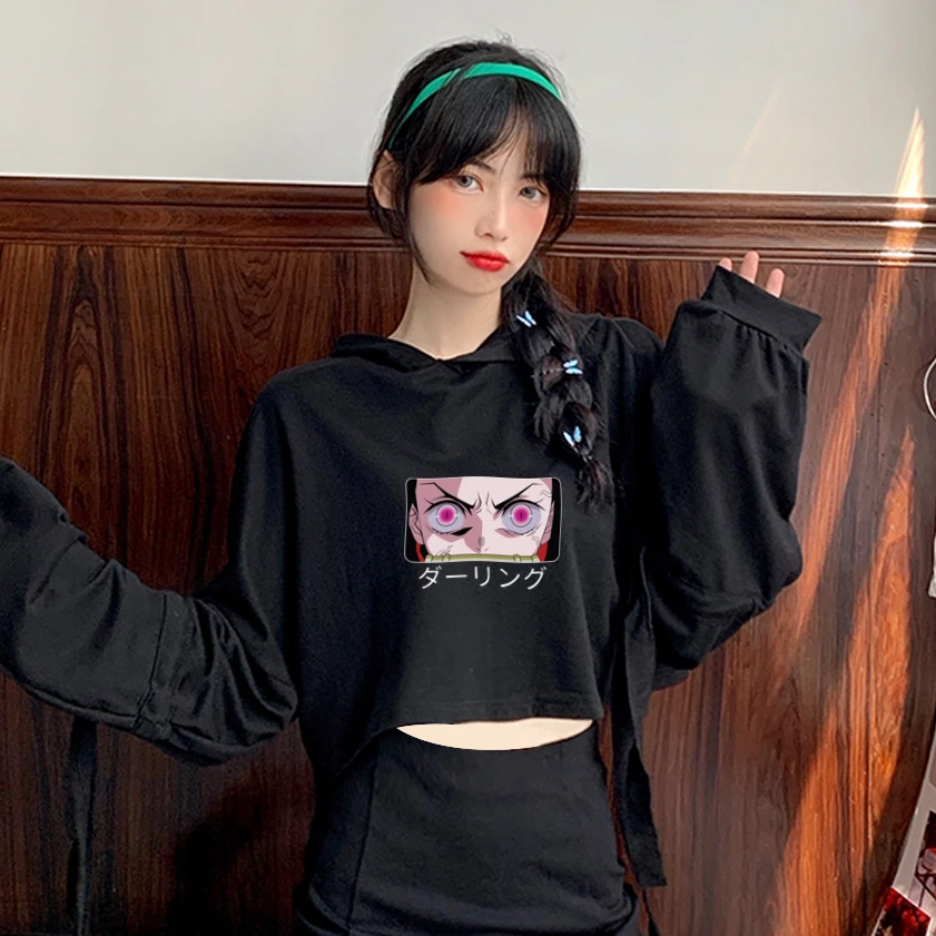 

Demon Slayer Anime Women's Oversized Hoodie Sweatshirt Sleeve Tie Hoodies Ladie Short Hooded Harajuku Long Sleeve Girl Pullover