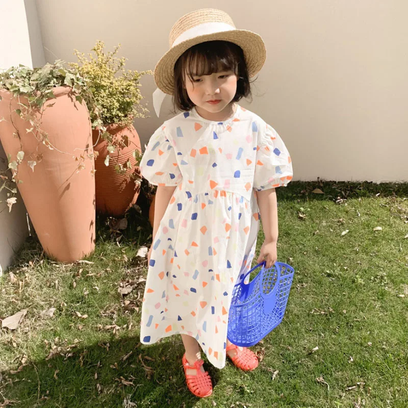 

Girls clothes summer season Dress Korean version geometric printing sweet princess dresses 2-7 Age Beibei quality child clothing