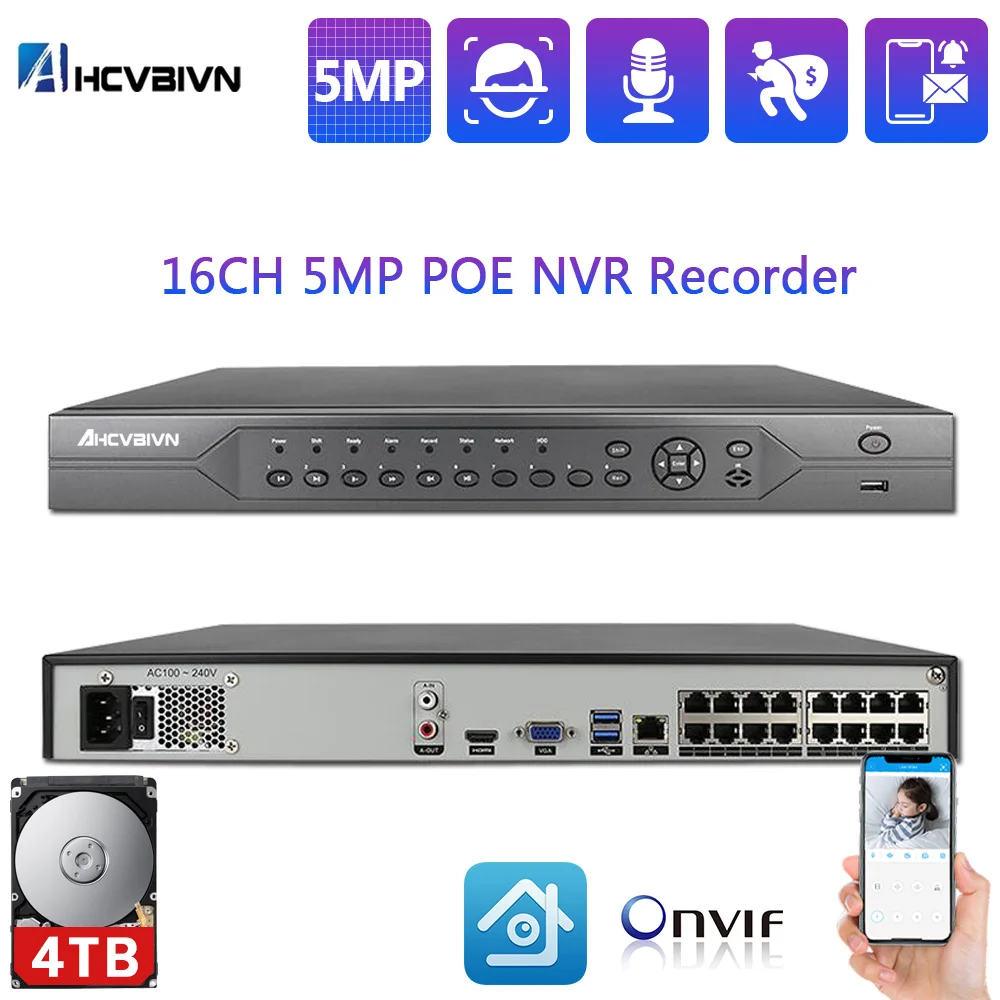 

16CH 5MP POE NVR 48V Real PoE NVR 5MP 3MP 8MP 4K Network Video Recorder for PoE IP Cameras P2P XMeye CCTV System Onvif FTP