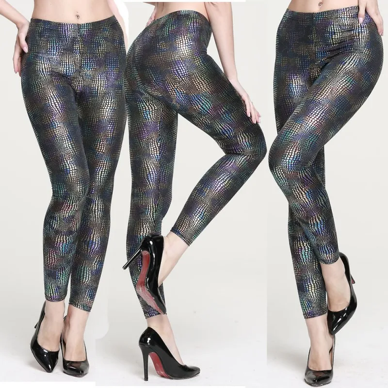 Женские блестящие леггинсы с металлическим блеском повседневные облегающие
