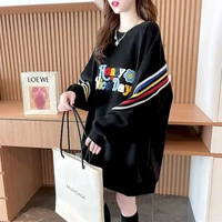 crewneck sweatshirt women plus velvet thicken mid length contrast color pullover autumn winter 2022 new korean loose top trendy