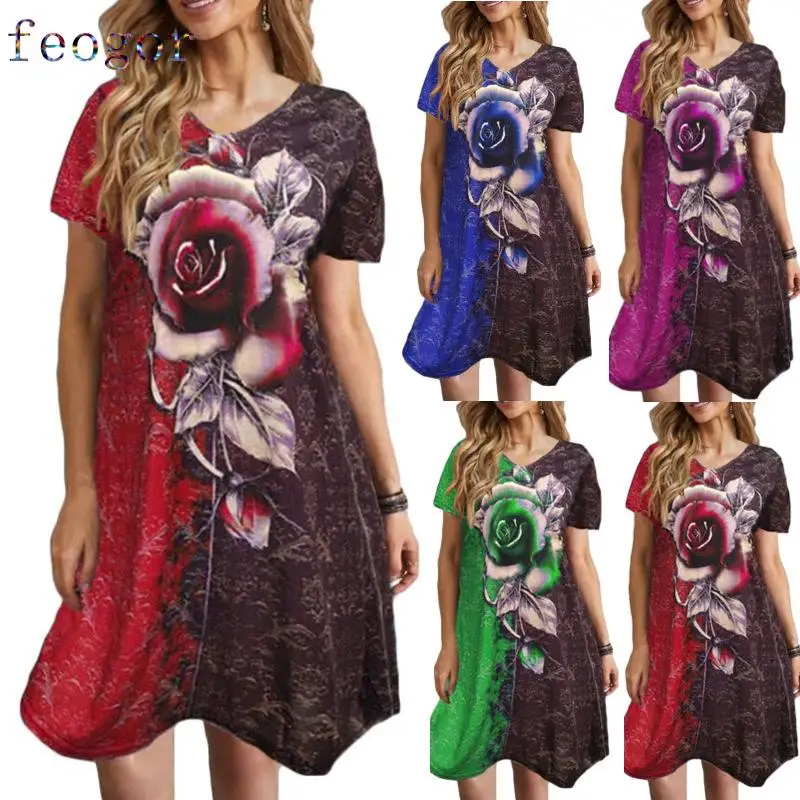 

FEOGOR 2021 Summer Casual Women's V-neck Loose Irregular 2 Rose Print Short Sleeve Dress Summer casual women's clothing