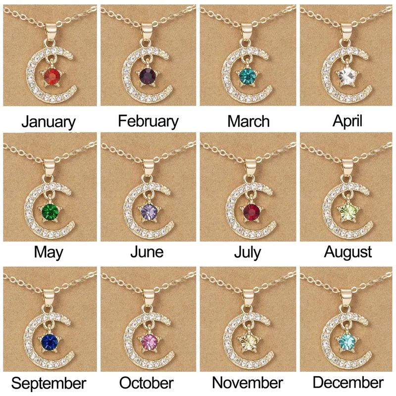 

12 Kinds of Month Birthstone Moon Star Pendant Paper Card Necklace Month Couple Clavicle Chain Necklace Birthday Gifts for Women