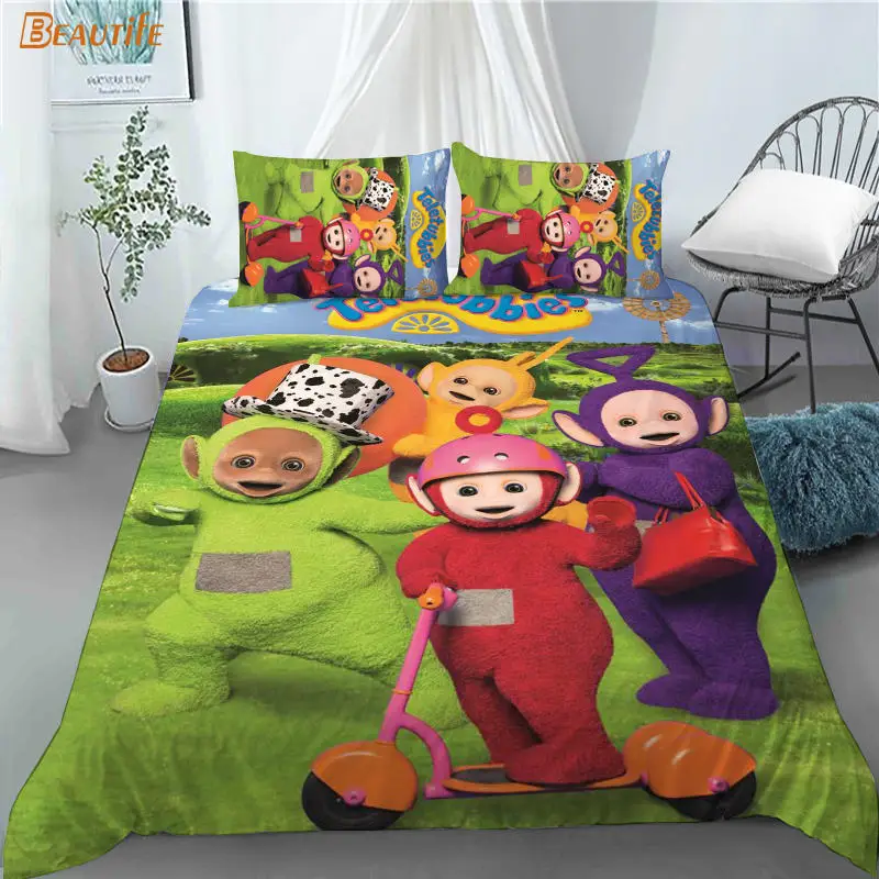 Gran oferta de los Teletubbies animaci&oacute;n 1 edred&oacute;n 2 fundas de almohada de tela de poli&eacute;ster ropa de cama conjunto chico familia chico Set Duvet Cover Set-0