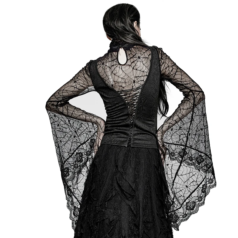 Женская футболка в готическом стиле Черная кружевная Регулируемая с длинными