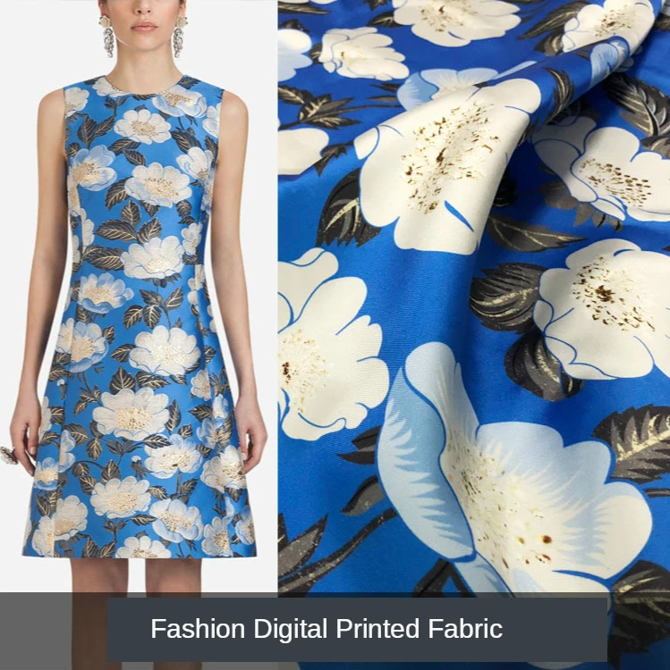 

190gsm white flower fashion fabric new ladies skirt calico wholesale advanced digital printing fabric