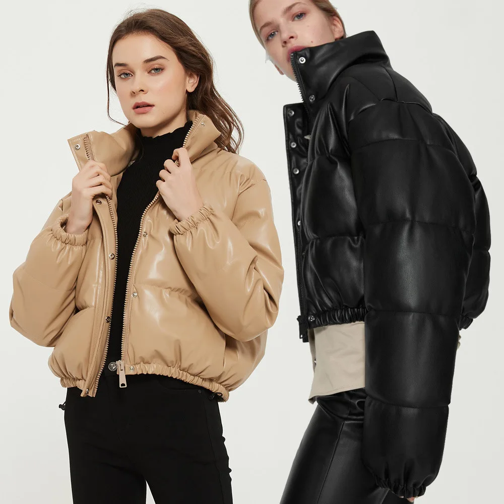 Enlarge Winter black leather imitation PU  jacket thick warm short coat women's fashion long sleeve zipper short bread cotton coat