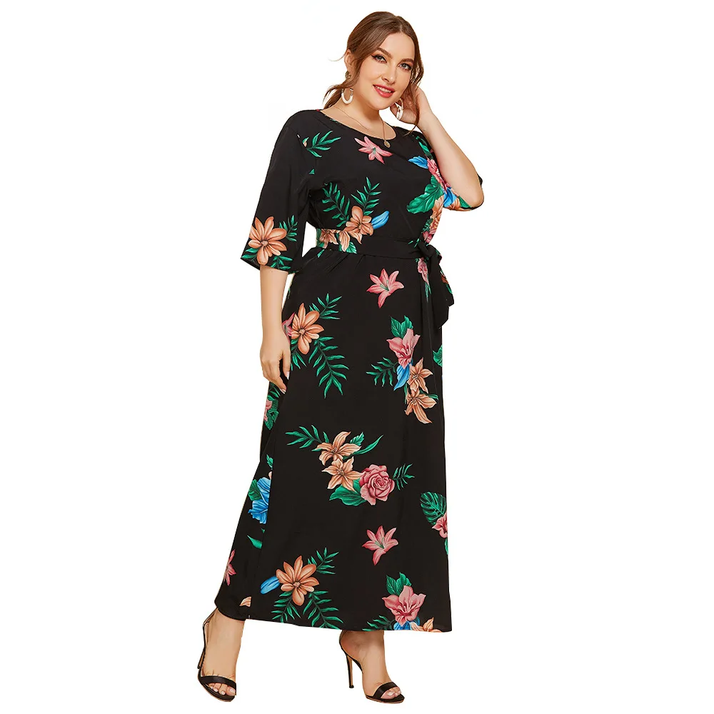 

Kalenmos Plus Size Women Dresses 2021 Round Neck Print Loose Five-point Sleeves Bandage Waist Slimming Casual Streetwear Dress