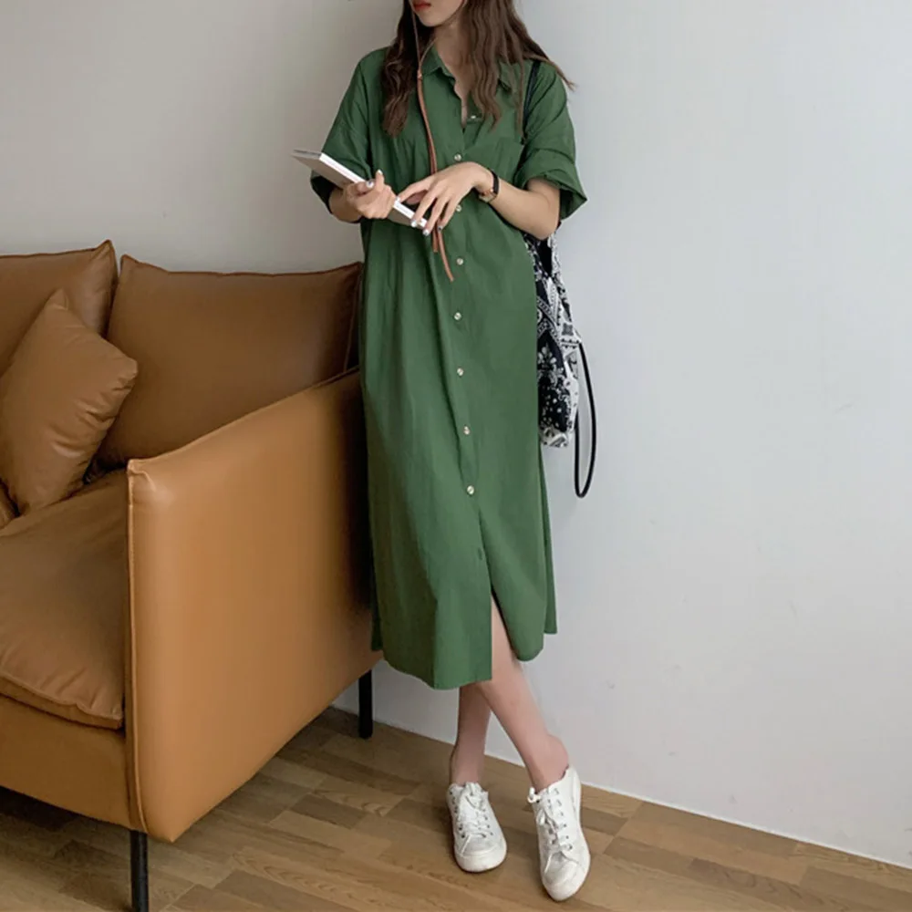 

Long Sleeve Dress Solid Maxi Beach Dress Short Sleeve Summer Elegant Women Button Long Shirt Dress Lapel Party Robe