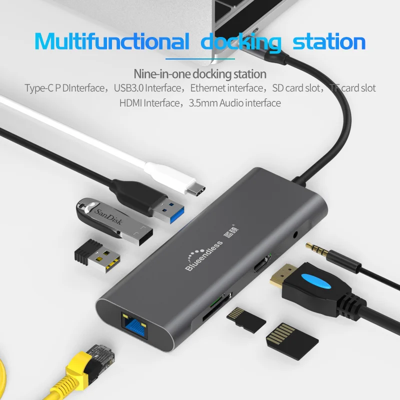 

USB C Hub Type C 3.1 9 In 1 Hub Adapter Docking Station With 4K /Ethernet/SD&TF Card Reader/Audio For Mac&Type C Laptops