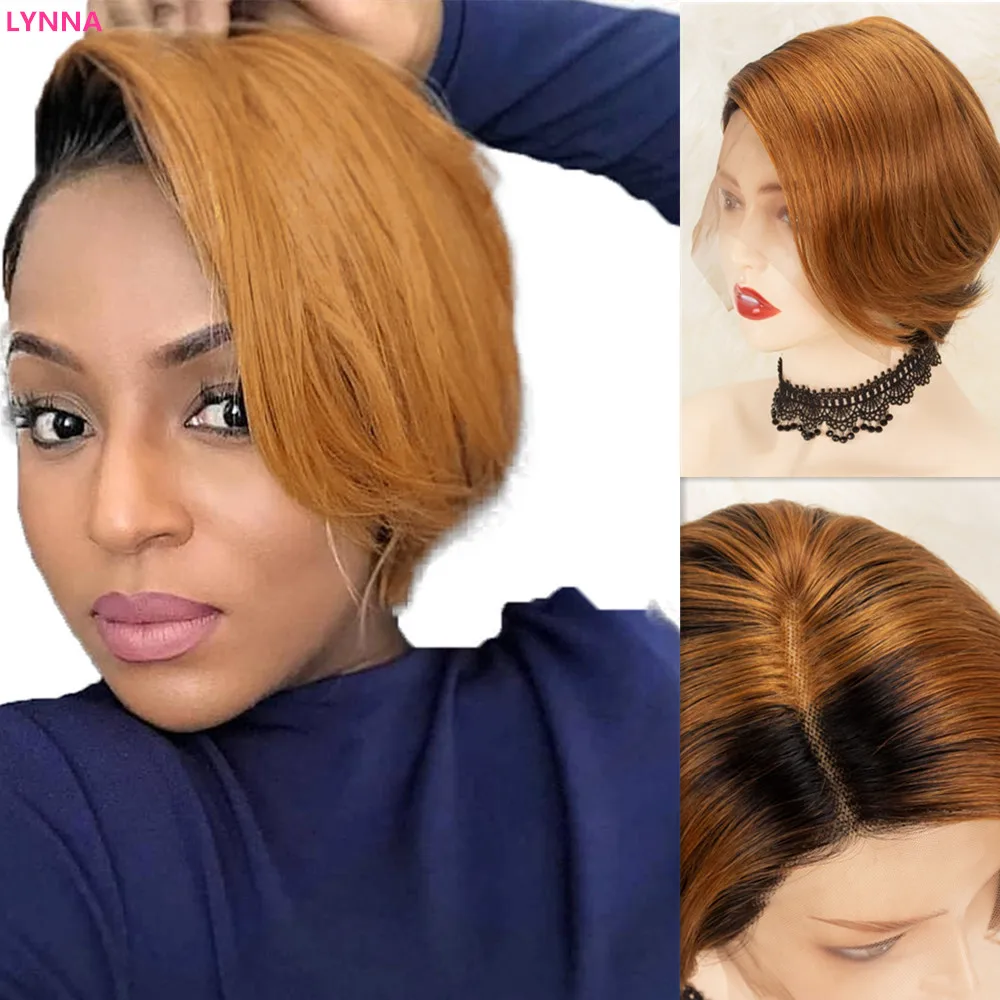 Ombre Lace Front Human Hair Wigs For Black Women 4x1 Straight Short Cut Bob Wigs Piexie Blonde Brazilian Wig T Part Lace Wig