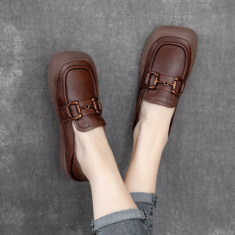 

Spring and Autumn Retro Casual Women Shoes with Metal Buckle Decoration Square Toe Shoes Soft and Wear-resistant Cowhide Shoes
