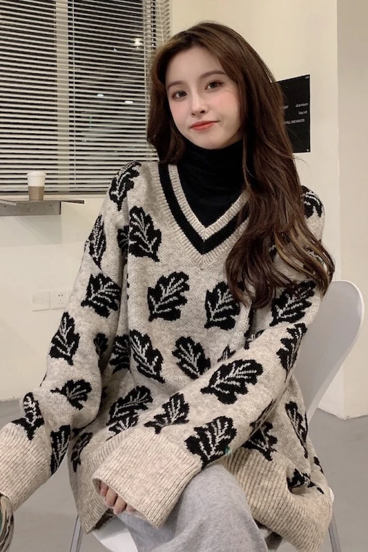 

Sweaters Women's Clothing Autumn and Winter Outer Wear Loose 020 New Internet Hot V-neck Pullover Retro Hong Kong Style