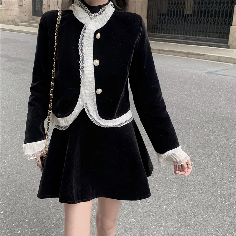 Стильный Шикарный ретро-комплект Осеннее кружевное короткое пальто с
