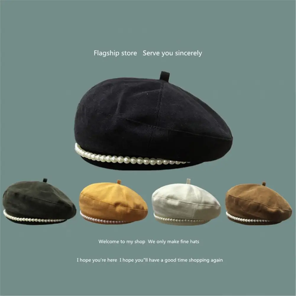 

British Fashion Retro Faux Pearl Women Autumn Winter Outdoor Warm Beret Hat Cap
