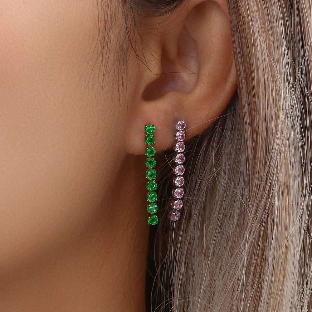 

New Cute Hypoallergenic Party Luxury Cubic Zirconia Tennis Chain Earrings Green Pink White Black Crystal Stud Earring For Women