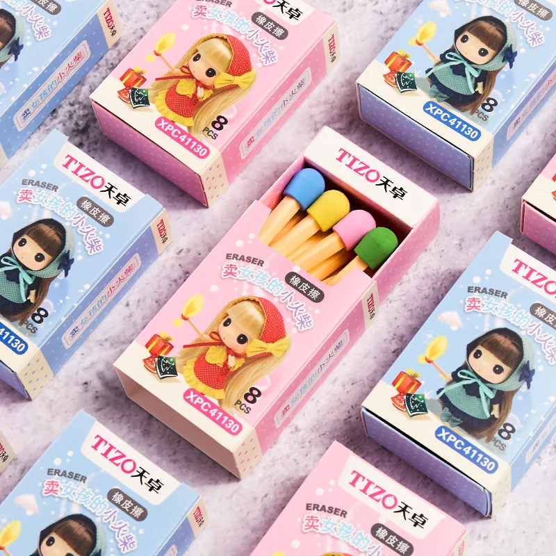 8 Pcs/pack Lovely Kawaii Matches Eraser Cute Colored Creative Item Gift for Kids Students Pencil FANTASTIC | Канцтовары для офиса