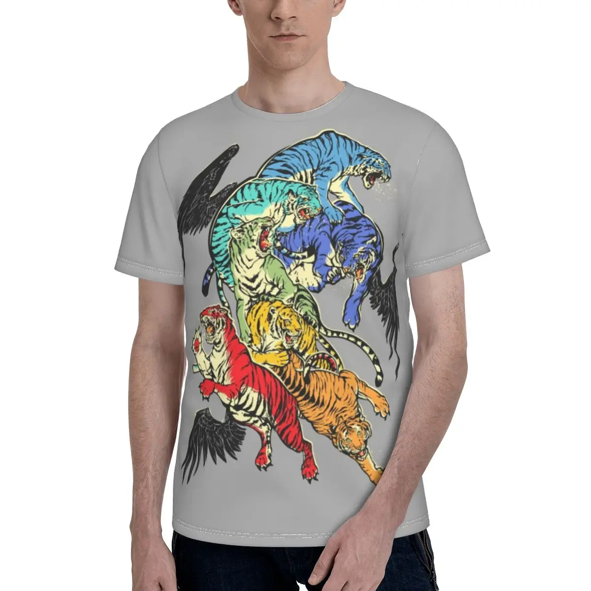 

Seven Caged Tigers T Shirt Devil Wings Awesome Polyester Summer T-Shirt Short Sleeves Print Tee Shirt Oversize Men