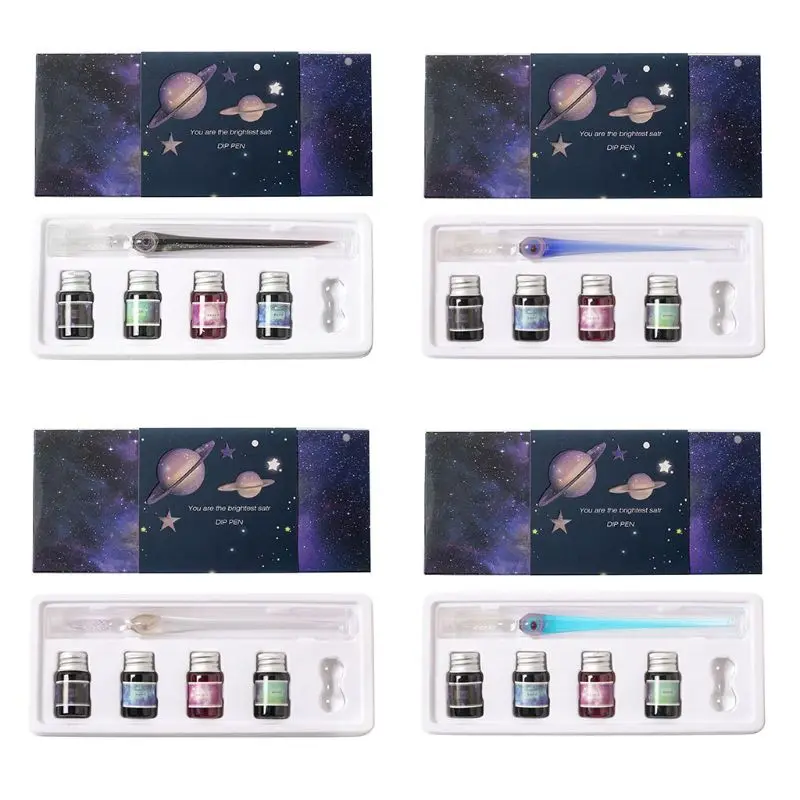

W3JD 1Set Planet Theme Dip Pen 4 Color Ink Kit Glass Pen Painting Pen Student Stationery Writing Supplies Gifts
