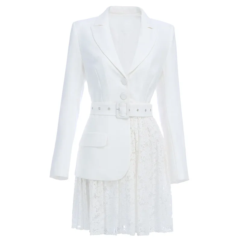 

INDRESSME 2020 New Trendy V Neck Long Sleeve Fashion OL Suit Stitching Belt Women Party Mini Lace Dress
