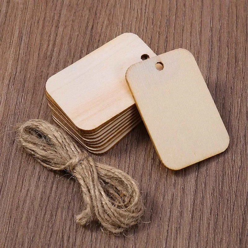 

200Pcs Nature Wood Slice Gift Tags Blank Rectangle Wooden Hanging Label with Hemp Ropes for Wedding Party DIY Decor