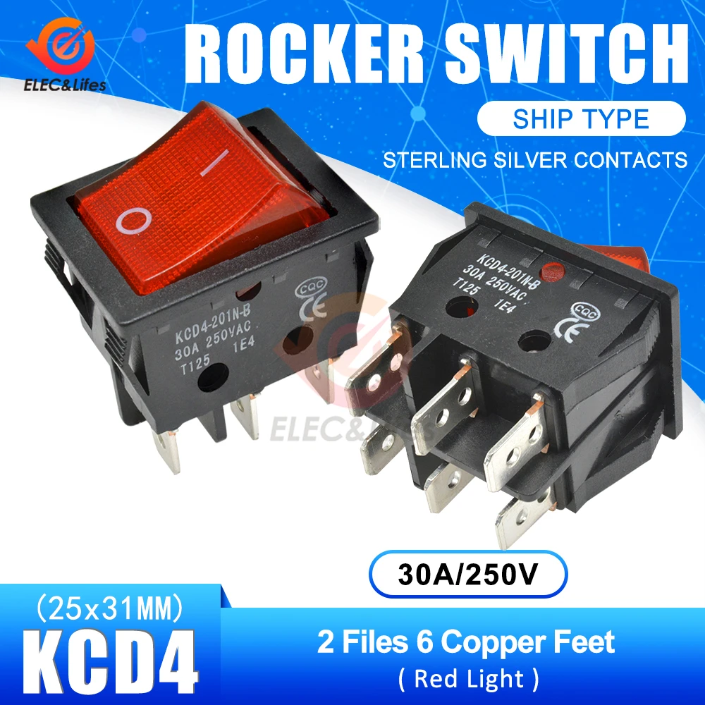 Black Red 6pin 30A 250V 4 6 Pin ON-OFF кулисный переключатель для лодки контакты из стерлингового серебра KCD4 выключатель питания со светодиодным индикатором светильник 30A/250V 25*31MM - Цвет: Black Red 6pin