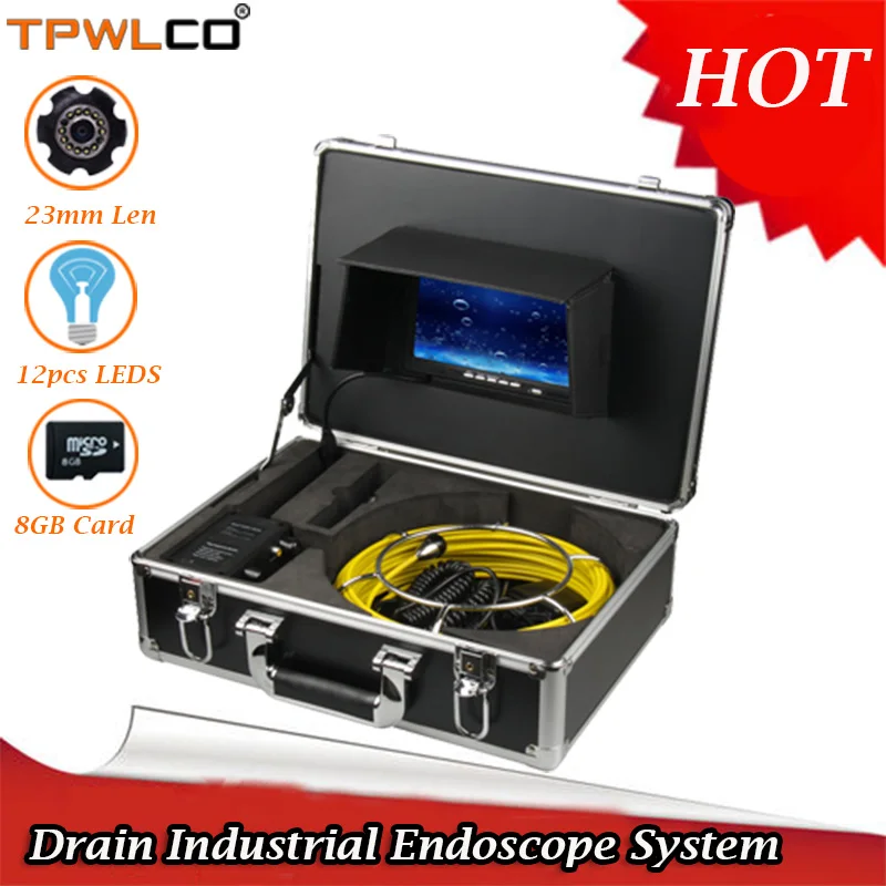 

7inch Drain Industrial Endoscope System 20m IP68 Waterproof 23mm Pipe Sewer Inspection Camera DVR Function With 8GB Card