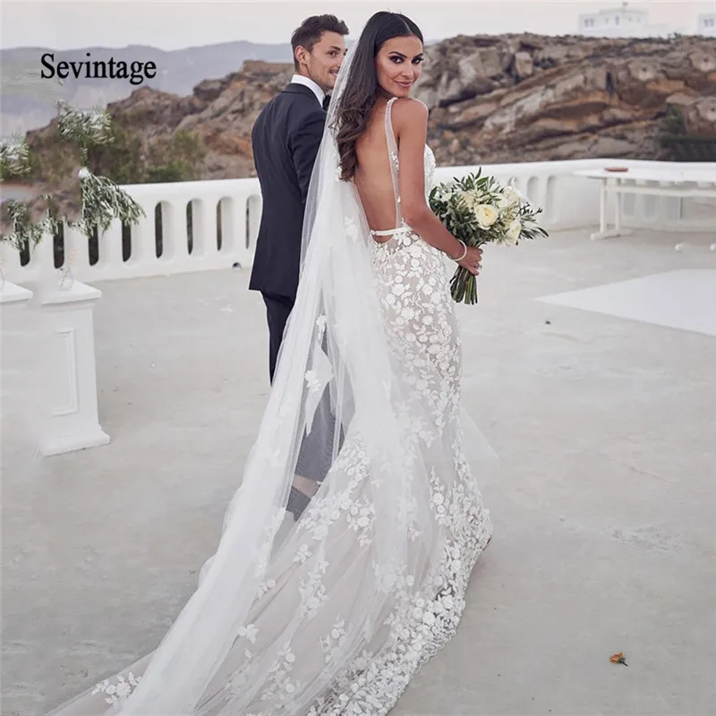 

Sevintage Bohemian Mermaid Wedding Dresses Sexy Full Backless Lace Applique Beach Bridal Gowns Court Train Vestidos De Novia