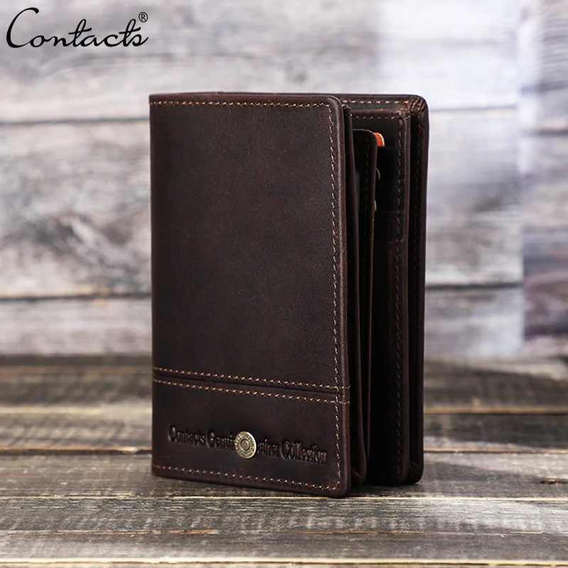 CONTACT'S Genuine Leather Men Wallets Small Money Purses Wallets Male Vertical Rfid Wallets Multi Function ID Credit Card Holder