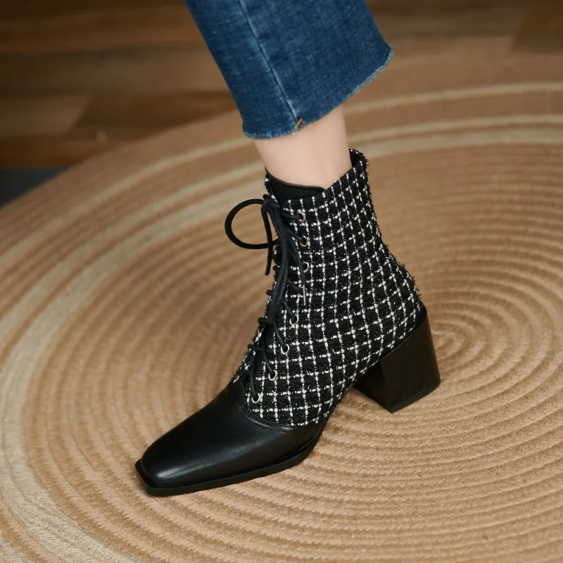 Beli Sepatu Bot Musim Dingin Sepatu Bot Kulit Asli Sepatu Wanita Sepatu Bot Tumit Tebal Sepatu Bot Wanita Modis Baru Musim Gugur 2021 Renda Ujung Persegi