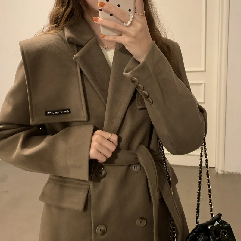 

Черное дизайнерское шерстяное пальто с надписью, женский пояс, Корейская свободная двубортная хлопковая куртка, лес