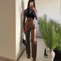 2021 new style trousers autumn elegant retro high waist trousers ladies faux leather pants straight trousers ladies slim casual