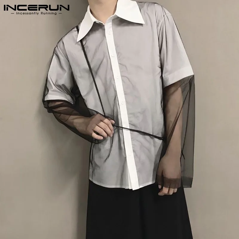 

INCERUN Fashion Men Shirt Mesh Patchwork Lapel Personality Long Sleeve Casual Shirts 2021 Korean Streetwear Sexy Camisas S-5XL