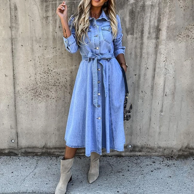 

Women Chic Turndown Collar Long Sleeve Lace Up Midi Denim Dress Casual Solid Color Button Dress Lady Elegant Vintage Streetwear