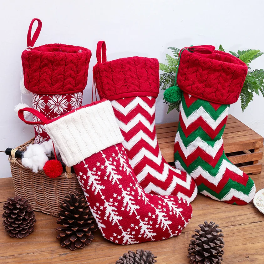 

Новые рождественские украшения, вязаные рождественские носки, шерстяные чулки, красный и белый лось, снежинка, подарочные пакеты, подарочны...