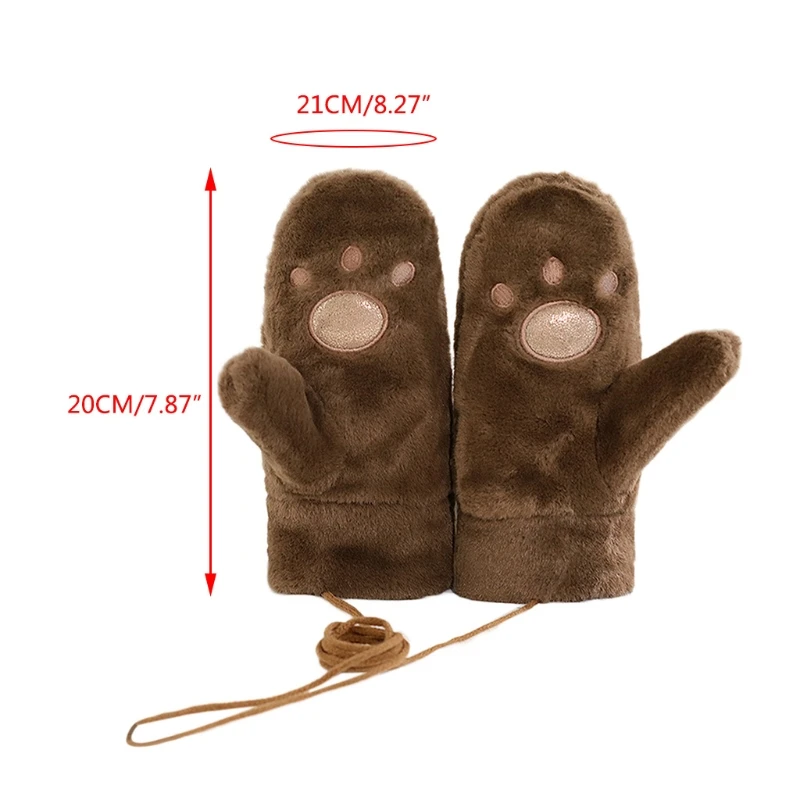 

Toddler Kids Winter Thicken Fluffy Plush Full Finger Gloves Cute Cartoon Bear Paw Embroidery Windproof Thermal Mittens Hand