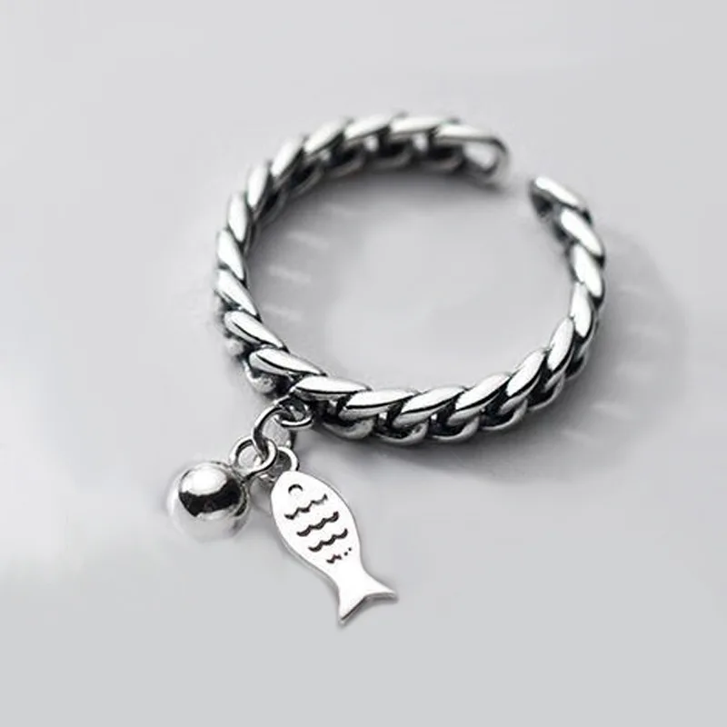 

Hollow Chain Light Bead Fish Vintage 925 Sterling Silver Finger Adjustable Ring For Women Sweet Cute Jewelry Gifts