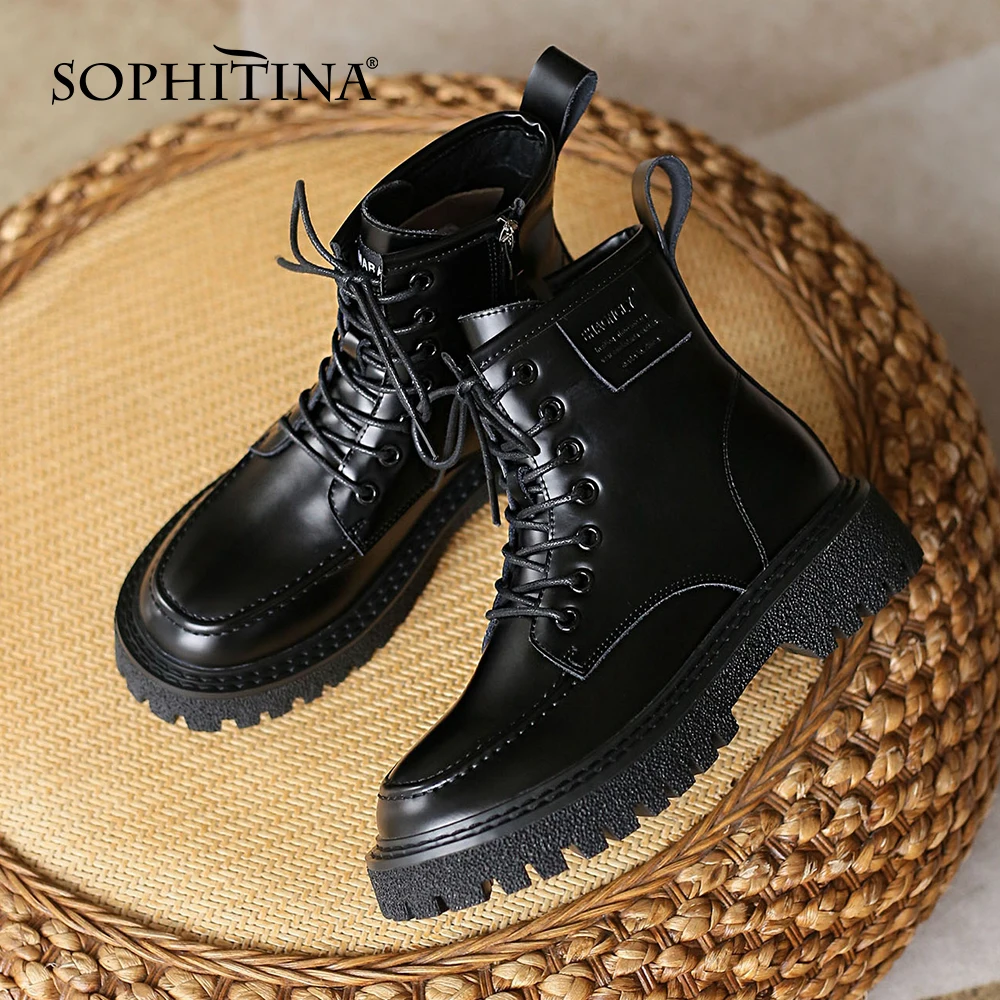 Murah Sepatu Bot Pergelangan Kaki Kasual SOPHITINA Sepatu Bot Wanita Kantor Hak Persegi Ujung Bundar Kulit Asli Sepatu Antiselip Renda Nyaman HO255