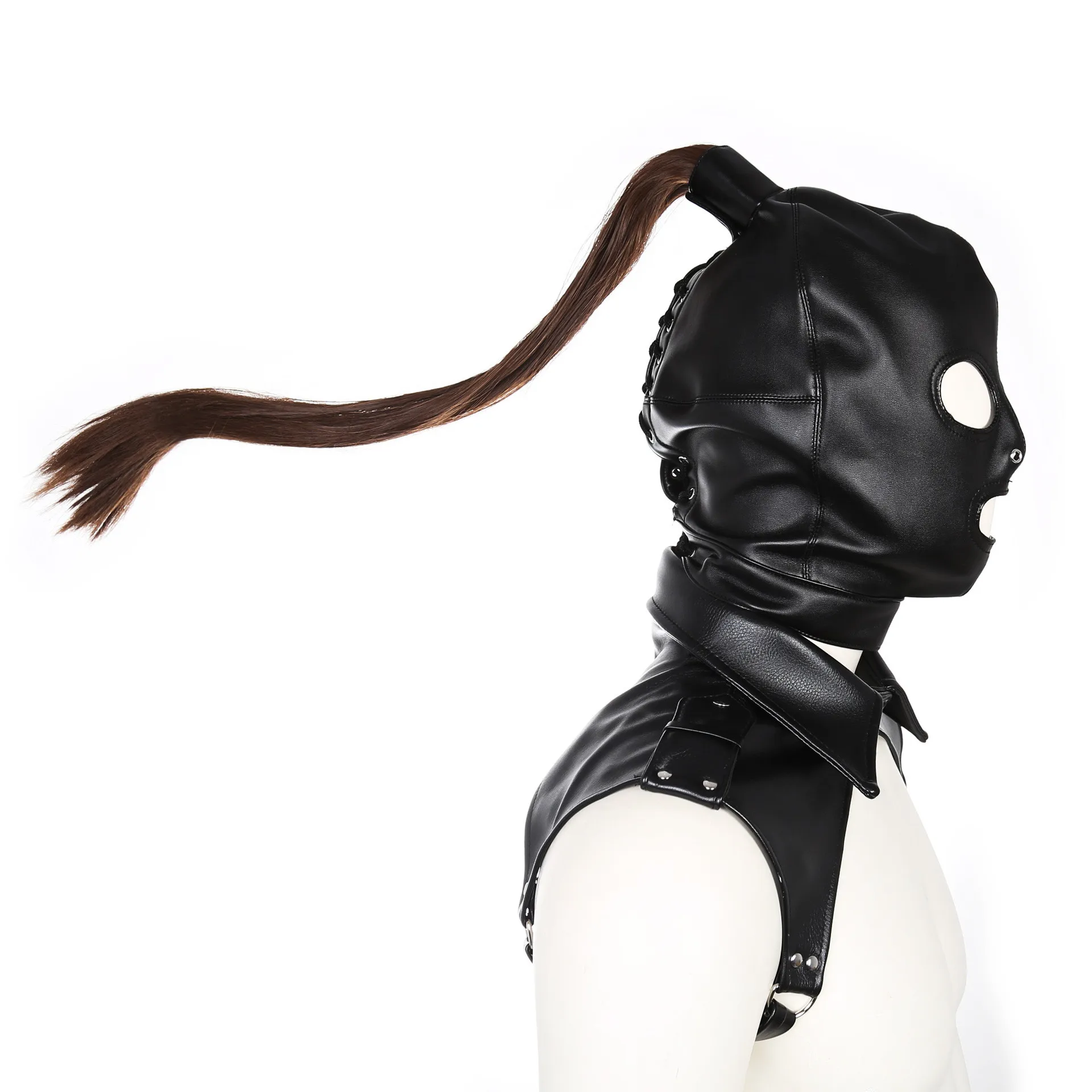 Фетиш-маска унисекс кожаная с волосами конский хвост для сексуального костюма