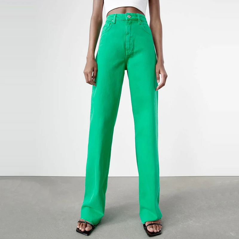 

Za 2021 Autumn Women Green Wide Leg Jeans Pants Long Trousers Pockets Buttons Female Casual Pants Pantalon BB1982