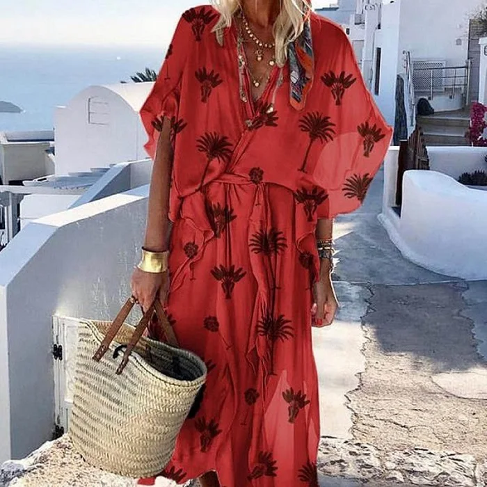Print Red Lipswag богемное Женское Платье макси с коротким рукавом, летнее сексуальное пляжное платье с v-образным вырезом, Vestidos, одноцветное повседневное свободное платье для вечеринки - Цвет: Print Red