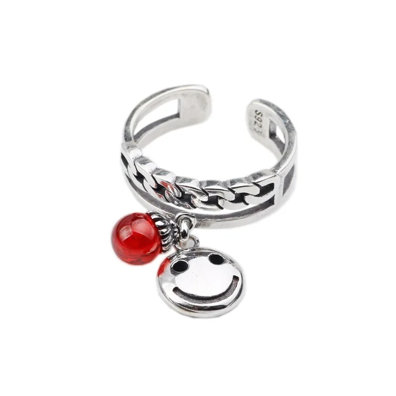 

New s925 pure silver smile Thai silver ring han edition retro fashion female joker pomegranate red mouth to quit