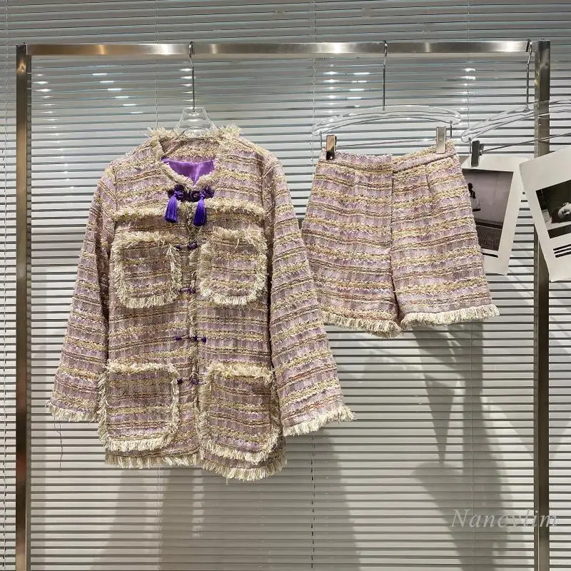 

Two Piece Set for Woman 2021 Autumn Wear New Loose Tweed Coat + Frayed Shorts Suit Lady Chci Outfits Fashion Streetwear
