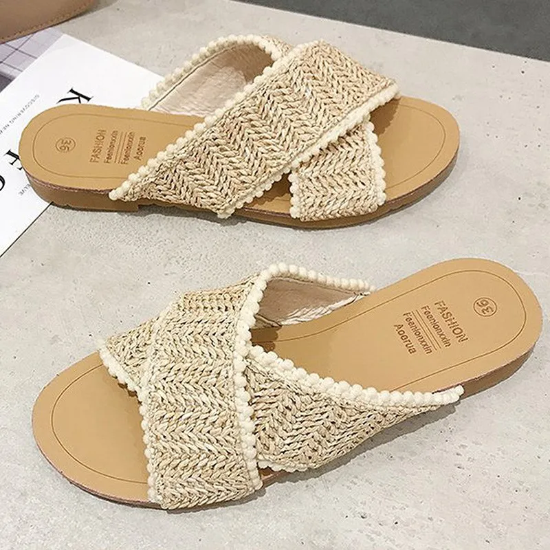 Новинка 2020 года женские плетеные тапочки летние пляжные шлепанцы для девочек