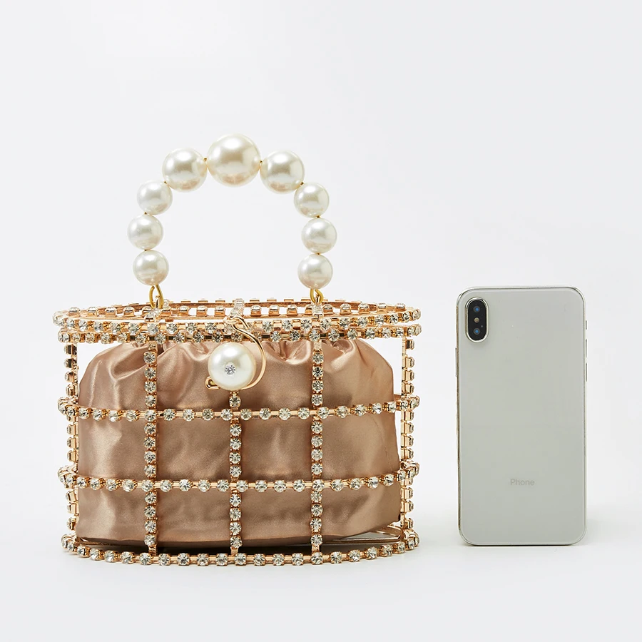 Женская вечерняя сумка клатч с жемчужной корзиной летняя металлическими