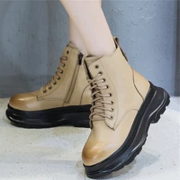 military riding comfort shoes women genuine cow leather platform shoes round toe chunky sole ankle boots lace up