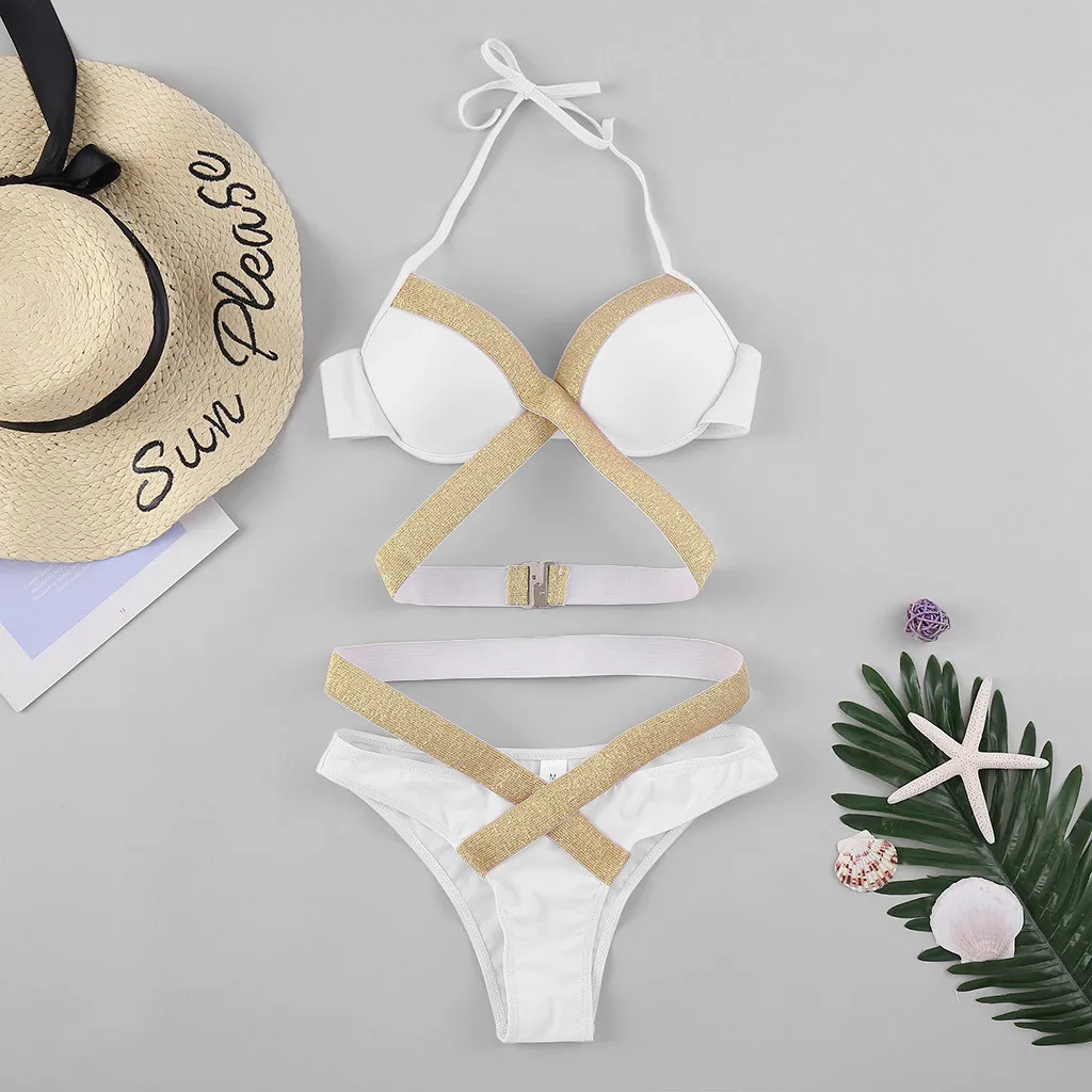 Купальник женский из двух предметов купальный костюм с вырезами и золотым