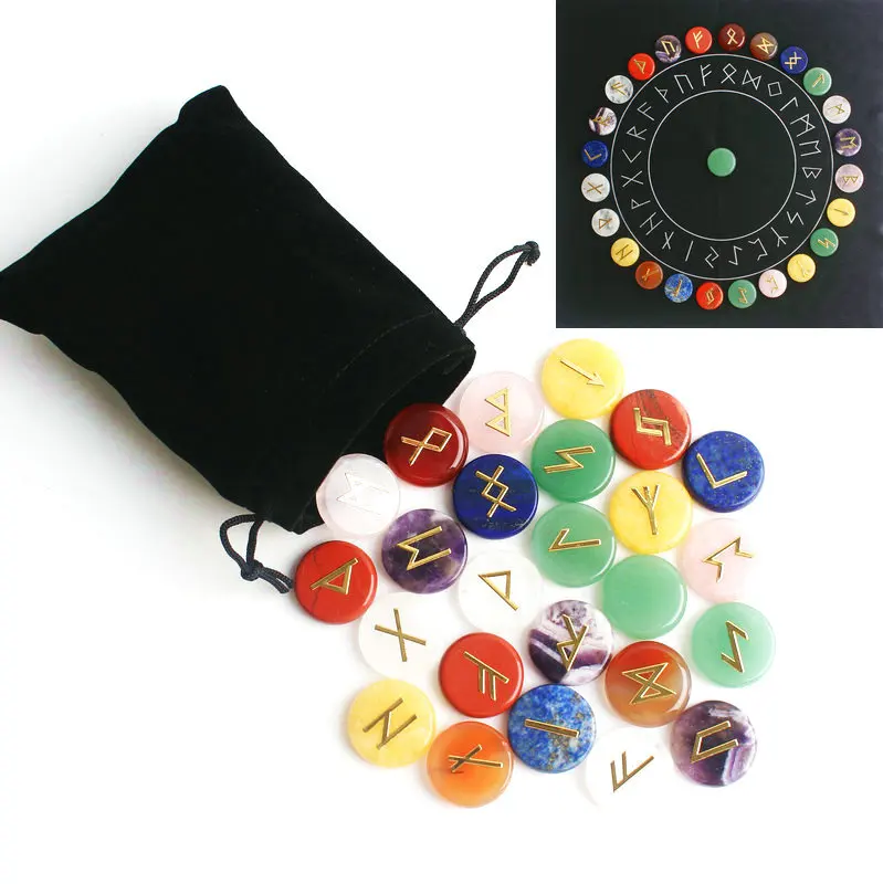 25Pcs Natural Chakra Crystal Golden Fortune-telling Divination Agate Runes Stones Round Copper Metal Sticker Reiki Healing Decor | Дом и сад